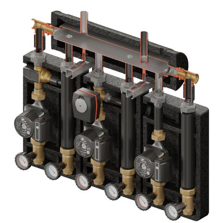 Zestaw hydrauliczny 3 grup mieszających Brygada PRO 3D+ 8034 z rozdzielaczem KRE 3D+ + zawór termostatyczny VTA 322 ESBE + zawór 3-drogowy VRG 432 1” i siłownikiem ESBE + pompa obiegowa 25/6 230 V LFP (3 szt.) Elterm 868034