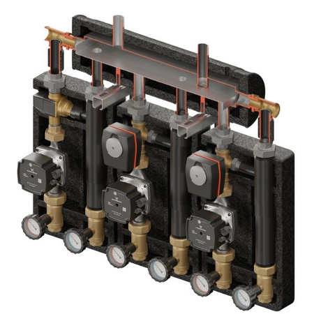 Zestaw hydrauliczny 3 grup mieszających Brygada PRO 3D+ 9344 z rozdzielaczem KRE 3D+ + zawór termostatyczny VTA 322 ESBE + zawór 3-drogowy VRG 432 1” i siłownikiem ESBE (2 szt.) + pompa obiegowa 25/7 230 V Grundfos (3 szt.) Elterm 869344