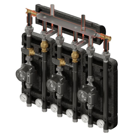 Zestaw hydrauliczny 3 grup mieszających Brygada 3D+ 8033 z rozdzielaczem KRE 3D+ + zawór termostatyczny VTA 322 ESBE (2 szt.) + pompa obiegowa 25/6 230 V LFP (3 szt.) Elterm 848033