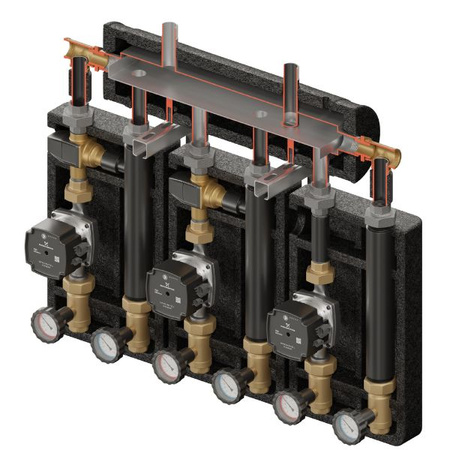 Zestaw hydrauliczny 3 grup mieszających Brygada PRO 3D+ 9033 z rozdzielaczem KRE 3D+ + zawór termostatyczny VTA 322 ESBE (2 szt.) + pompa obiegowa 25/7 230 V Grundfos (3 szt.) Elterm 869033