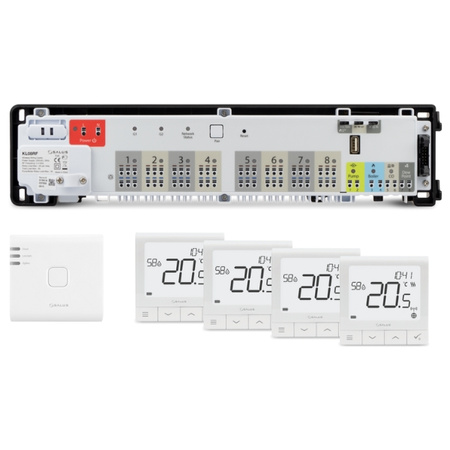 Pakiet SALUS StarterPack Premium RF listwa sterująca KL08RF230V 8 stref bezprzewodowa + regulator tygodniowy natynkowy Quantum SQ610RF bezprzewodowy 4 szt. + bramka internetowa ZigBee UG800 94507003