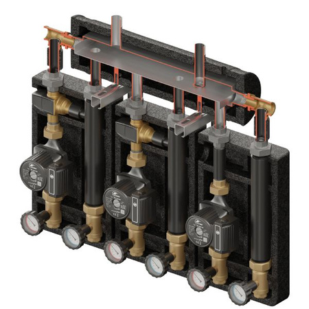 Zestaw hydrauliczny 3 grup mieszających Brygada PRO 3D+ 8055 z rozdzielaczem KRE 3D+ + zawór termostatyczny VTA 372 ESBE (2 szt.) + pompa obiegowa 25/6 230 V LFP (3 szt.) Elterm 868055