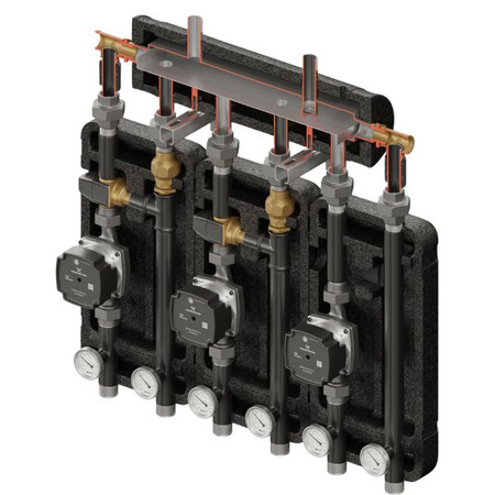 Zestaw hydrauliczny 3 grup mieszających Brygada 3D+ 9033 z rozdzielaczem KRE 3D+ + zawór termostatyczny VTA 322 ESBE (2 szt.) + pompa obiegowa 25/7 230 V Grundfos (3 szt.) Elterm 849033