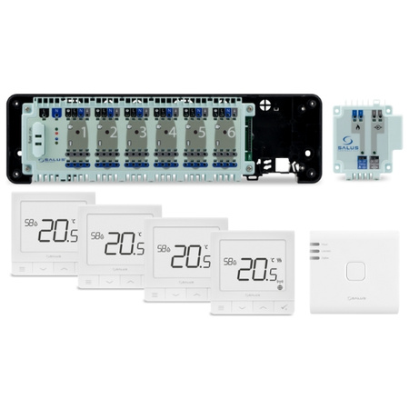 Pakiet SALUS StarterPack Premium listwa sterująca KL06-M 6 stref przewodowa + regulator tygodniowy podtynkowy Quantum SQ610 przewodowy 4 szt. + moduł PL07 + bramka internetowa ZigBee UG800 94507002