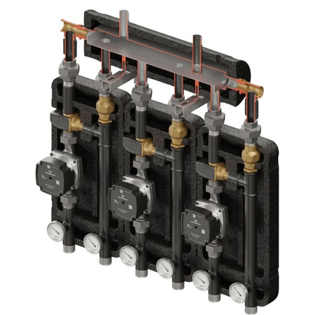 Zestaw hydrauliczny 3 grup mieszających Brygada 3D+ 9333 z rozdzielaczem KRE 3D+ + zawór termostatyczny VTA 322 ESBE (3 szt.) + pompa obiegowa 25/7 230 V Grundfos (3 szt.) Elterm 849333