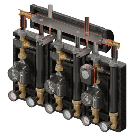 Zestaw hydrauliczny 3 grup mieszających Brygada PRO 3D+ 8554 z rozdzielaczem KRE 3D+ + zawór termostatyczny VTA 372 ESBE (2 szt.) + zawór 3-drogowy VRG 432 1” i siłownikiem ESBE + pompa obiegowa 25/6 230 V LFP (3 szt.) Elterm 868554
