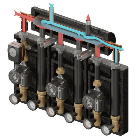 Zestaw hydrauliczny 3 grup mieszających Brygada PRO 3D+ 8004 z rozdzielaczem KRE 3D+ + zawór 3-drogowy VRG 432 1” i siłownikiem ESBE + pompa obiegowa 25/6 230 V LFP (3 szt.) Elterm 868004