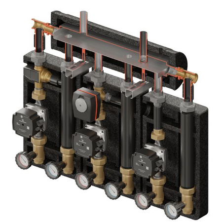Zestaw hydrauliczny 3 grup mieszających Brygada PRO 3D+ 9034 z rozdzielaczem KRE 3D+ + zawór termostatyczny VTA 322 ESBE + zawór 3-drogowy VRG 432 1” i siłownikiem ESBE + pompa obiegowa 25/7 230 V Grundfos (3 szt.) Elterm 869034