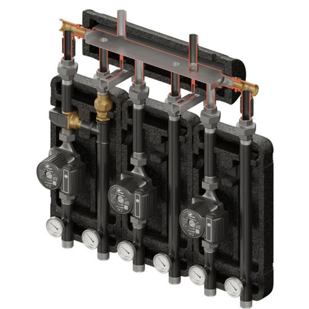Zestaw hydrauliczny 3 grup mieszających Brygada 3D+ 8003 z rozdzielaczem KRE 3D+ + zawór termostatyczny VTA 322 ESBE + pompa obiegowa 25/6 230 V LFP (3 szt.) Elterm 848003