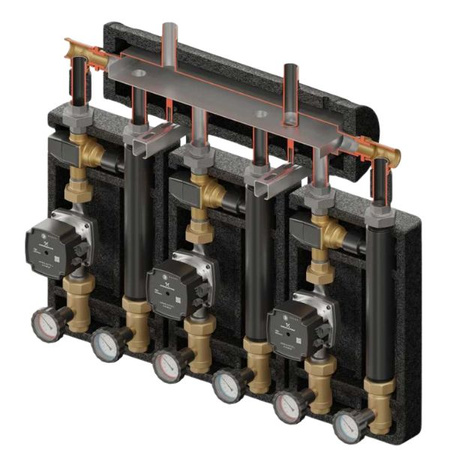 Zestaw hydrauliczny 3 grup mieszających Brygada PRO 3D+ 9555 z rozdzielaczem KRE 3D+ + zawór termostatyczny VTA 372 ESBE (3 szt.) + pompa obiegowa 25/7 230 V Grundfos (3 szt.) Elterm 869555