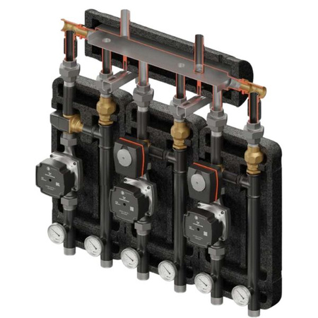 Zestaw hydrauliczny 3 grup mieszających Brygada 3D+ 9344 z rozdzielaczem KRE 3D+ + zawór termostatyczny VTA 322 ESBE + zawór 3-drogowy VRG 432 1” i siłownikiem ESBE (2 szt.) + pompa obiegowa 25/7 230 V Grundfos (3 szt.) Elterm 849344