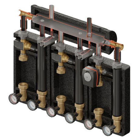 Zestaw hydrauliczny 3 grup mieszających Brygada PRO 3D+ 7554 z rozdzielaczem KRE 3D+ + zawór termostatyczny VTA 372 ESBE (2 szt.) + zawór 3-drogowy VRG 432 1” i siłownikiem ESBE Elterm 867554